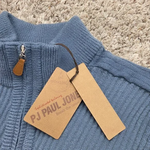 PJ Paul Jones Sweater Men’s XL Blue Casual Textured Pullover Quarter Zip Tags - Picture 2 of 6